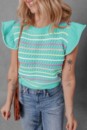 Green Colorful Striped Eyelet Knit Ruffled Sleeve Sweater T Shirt - Image 3