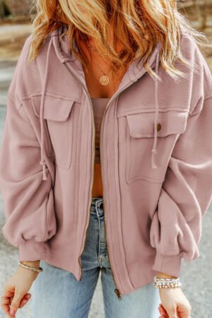 Alternative view of Pink Flap Pocket Drawstring Hood Zip Up Jacket