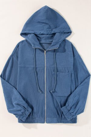Real Teal Corduroy Drawstring Hooded Pocket Zip Up Jacket - Image 5
