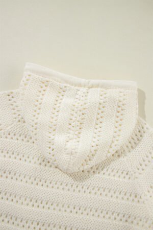 White Pointelle Knit Raglan Sleeve Hooded Sweater - Image 6