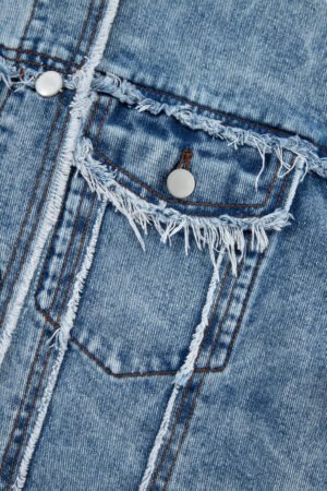Beau Blue Plaid Print Patchwork Hooded Raw Hem Denim Jacket - Image 7