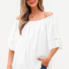 White Frilly Off Shoulder Lace Insert Sleeve Textured Blouse