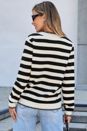 Black Stripe Chic Golden Button Cardigan Sweater - Image 3