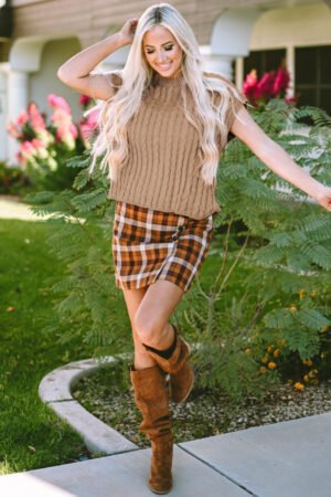 Light French Beige Crew Neck Cable Knit Short Sleeve Sweater - Image 5