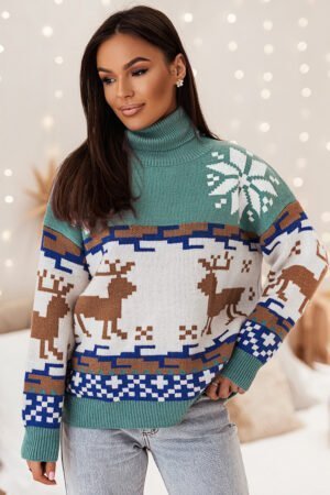Canton Christmas Reindeer Snowflake Colorblock Turtleneck Sweater - Image 4