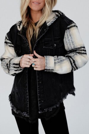 Black Plaid Sleeve Frayed Hem Hooded Denim Jacket - Image 2
