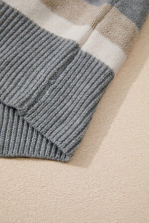 Gray Stripe Color Block Ribbed Edge Round Neck Sweater - Image 5