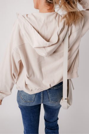 White Corduroy Drawstring Hooded Pocket Zip Up Jacket - Image 2