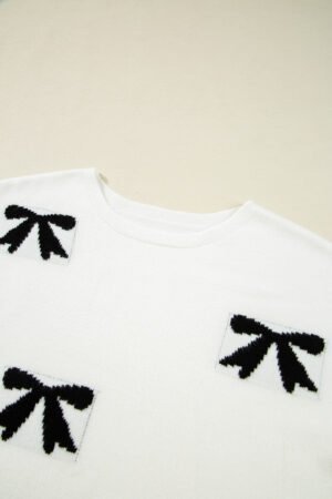 White Bow Pattern Knit Short Sleeve Sweater - Image 7