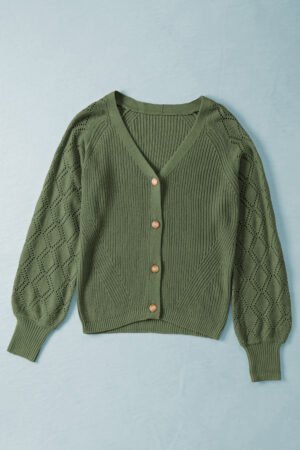 Green Bishop Sleeve Button V Neck Cardigan Sweater - Image 4