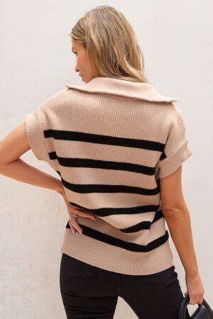 Khaki Stripe Zipped Collar Short Sleeve Sweater - Image 3