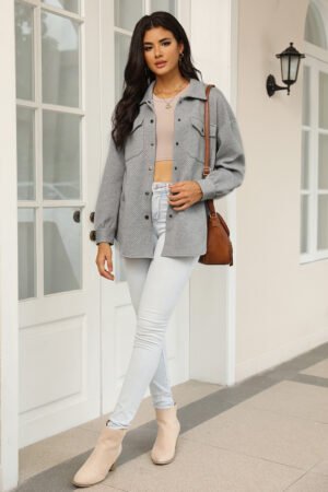 Gray Solid Textured Flap Pocket Buttoned Shacket - Image 5