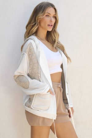 Beige Quilted Textured Patchwork Loose Fit Hooded Jacket - Image 3
