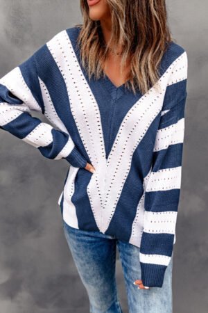 Blue Striped Colorblock V Neck Knitted Sweater - Image 3