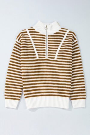 Khaki Stripe Zip up Collar Drop Shoulder Sweater - Image 3