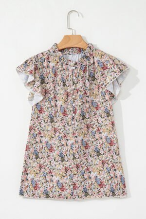 Red Boho Floral Frilled Button Neck Ruffle Short Sleeve Blouse - Image 6