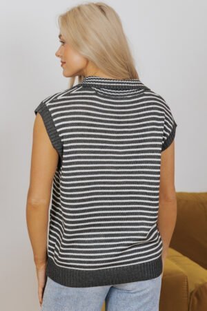 Gray Stripe Collared V Neck Sweater Vest with Pockets - Image 3