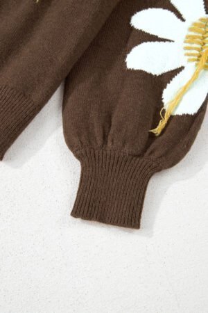 Coffee Big Flower Pattern V Neck Drop Shoulder Sweater - Image 6