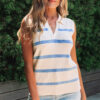 Sky Blue Stripe Split V Neck Collared Ribbed Sweater Vest