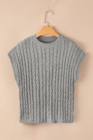 Gray Crew Neck Cable Knit Short Sleeve Sweater - Image 6