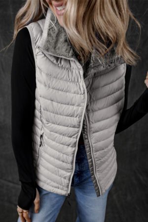 Silvery Plush Collared Quilted Zipped Puffer Vest - Image 4
