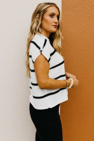 White Striped Batwing Sleeve Sweater Tee - Image 4