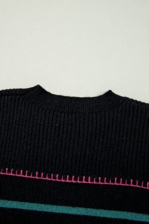 Black Colorful Striped Ribbed Trim Sweater - Image 6