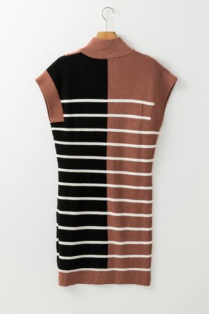 Black Stripe Color Block Quarter Zip Collar Short Sleeve Sweater Dress - Image 7