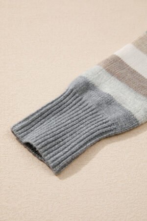 Gray Stripe Color Block Ribbed Edge Round Neck Sweater - Image 6