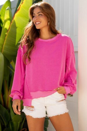 Strawberry Pink Twisted Rib Uneven Hem Drop Shoulder Loose Knit Top - Image 5