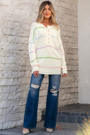 White Rainbow Stripes Drop Shoulder Baggy Henley Sweater - Image 5