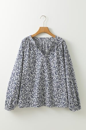Blue Floral Print Notched V Neck Puff Sleeve Blouse - Image 6