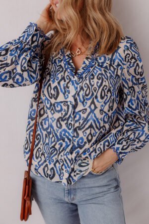 Blue Bohemian Print Embroidered V Neckline Detail Long Sleeve Shirt - Image 4