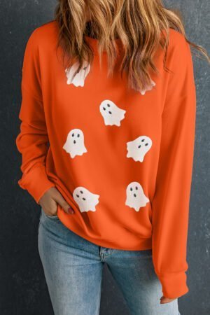 Orange Sequin Halloween Ghost Patched Drop Shoulder Sweatshirt - Image 5