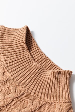 Light French Beige Solid Color Cable Knit High Neck Tank Top - Image 7