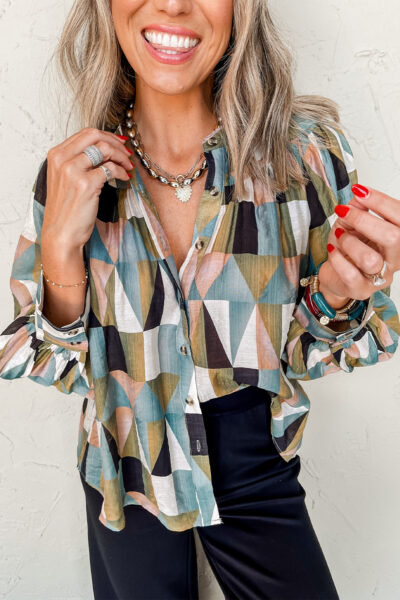 Green Geometric Print Buttoned Balloon Sleeve Loose Fit Shirt