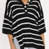 Black Stripe Henley Buttoned Placket Drop Shoulder Bracelet Sleeve Knit Sweater Tee