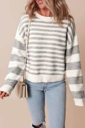 Gray Stripe Drop Shoulder Crew Neck Sweater - Image 4