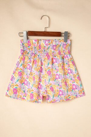 Pink Boho Floral Shirred High Waist Casual Shorts - Image 6