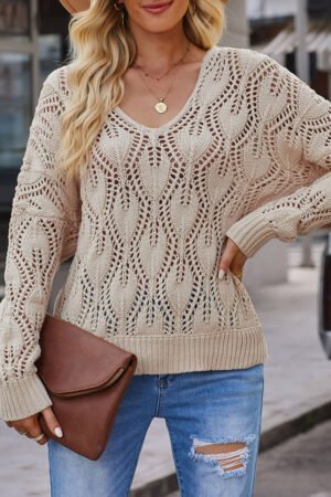 Apricot Crochet Knit Ribbed Hem Hollow-out Sweater - Image 4