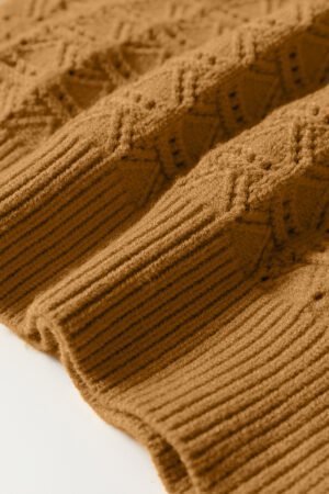 Jurassic Gold Hollow Out Crochet Ribbed Edge Balloon Sleeve Sweater - Image 8