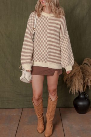 Khaki Stripe Checkerboard Drop Shoulder Balloon Sleeve Sweater - Image 5