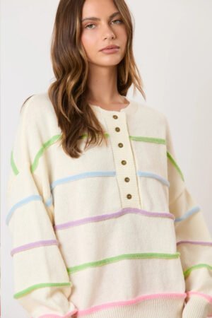 White Rainbow Stripes Drop Shoulder Baggy Henley Sweater - Image 4