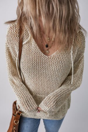 Jet Stream Hollow-out Kangaroo Pocket V Neck Hooded Sweater - Image 5