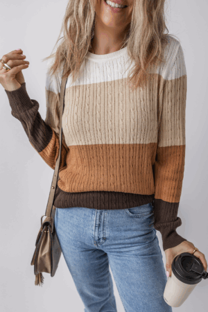 Khaki Colorblock Cable Knit Round Neck Sweater - Image 2