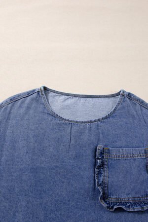 Sky Blue 3/4 Sleeve Ruffled Patched Pocket Denim Blouse - Image 7