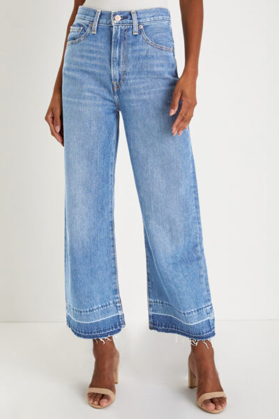 Dusk Blue Raw Hem Straight Leg Loose High Waist Jeans