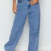 Blue Mid Rise Asymmetrical Waist Wide Leg Jeans