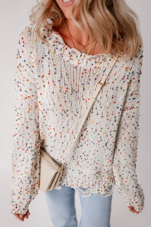 White Colorful Confetti Distressed Knit Sweater - Image 5