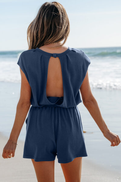 Ashleigh Blue Knit Open Back Cap Sleeve Drawstring Elastic Waistband Romper